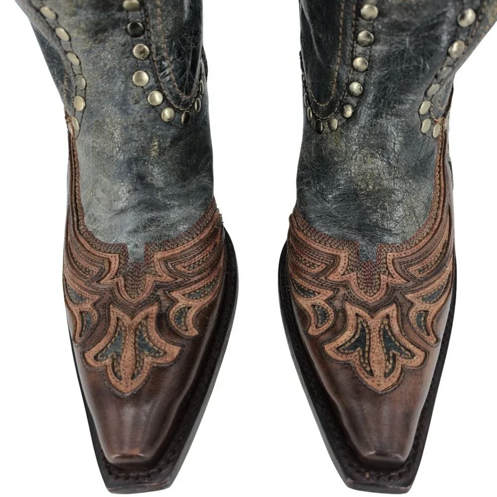 Corral Cowgirl Women's 6M Tall Brown Gray Studded Leather Cowboy Western Boots - Picture 9 of 14